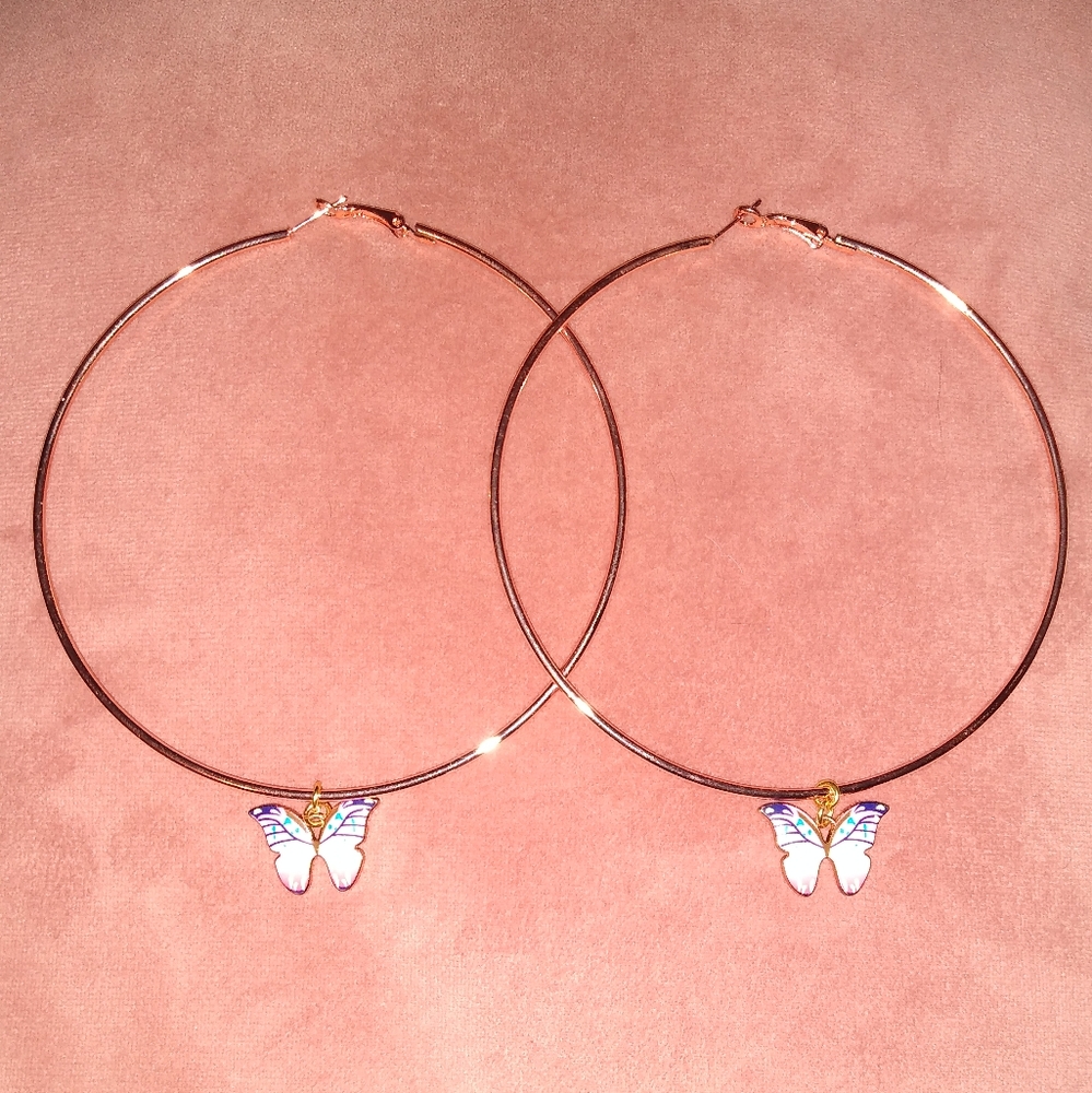 Huge Rose Gold Pink Butterfly Charm Hoops Big XL Oversized Hoop Earrings KATTA